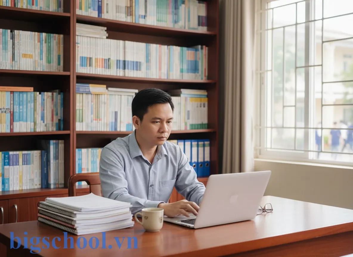 Giáo viên Việt Nam sử dụng máy tính để nghiên cứu tài liệu về tâm lý học đường và kỷ luật tích cực.