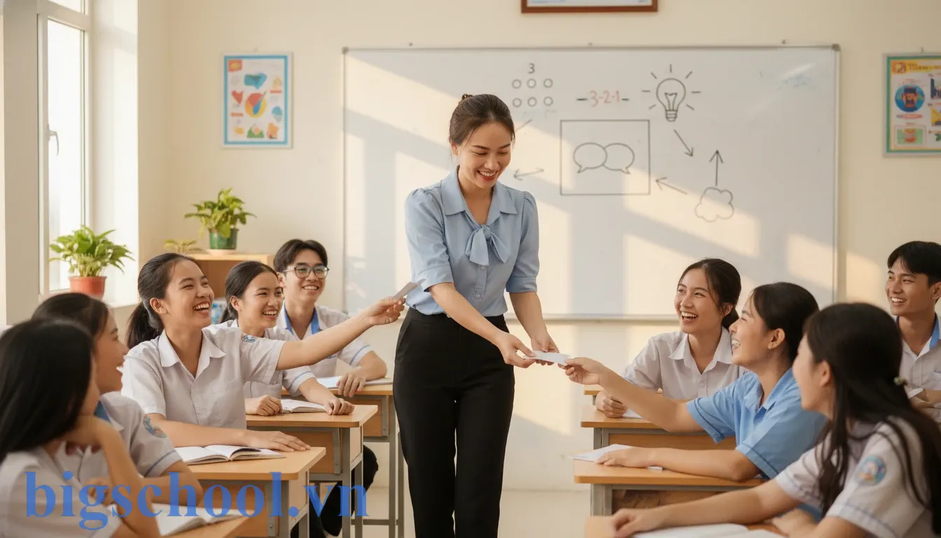 Giáo viên Việt Nam thu thập phiếu phản hồi từ học sinh cuối tiết học để đánh giá hiệu quả giảng dạy.