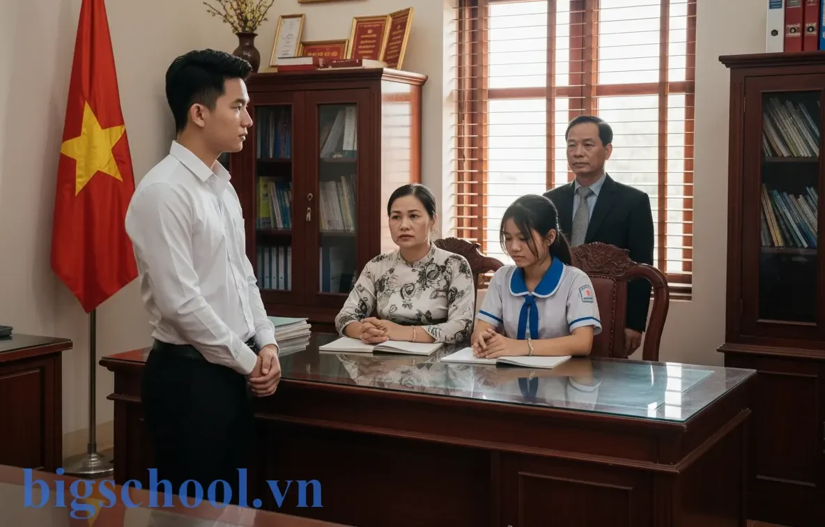 Giáo viên xin lỗi học sinh và phụ huynh dưới sự chứng kiến của nhà trường.