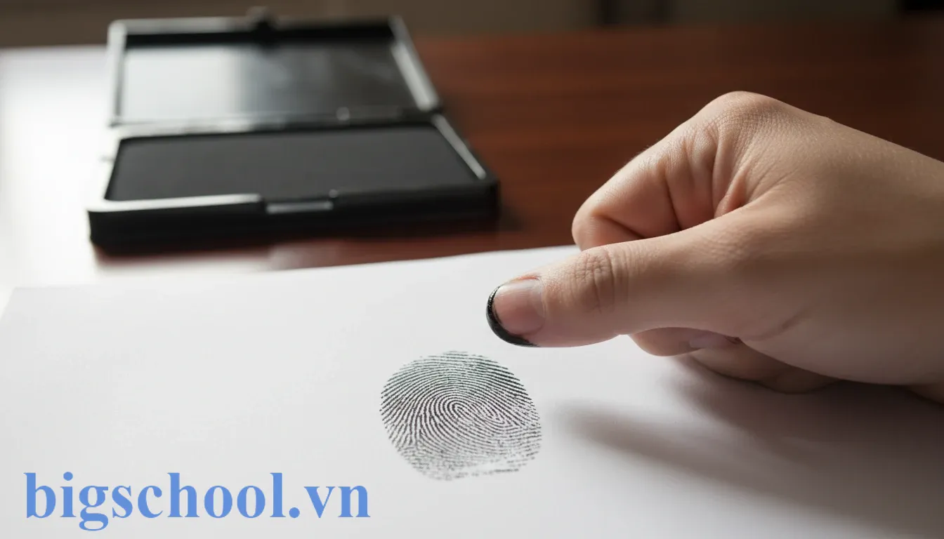 Hành động in dấu vân tay lên giấy tờ hành chính thể hiện sự hiện diện của thực thể dấu.