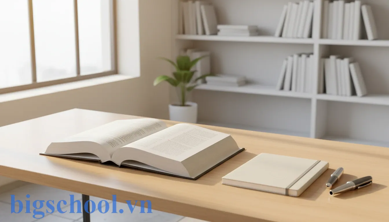 Mới mẻ hay Mới mẽ? Quy tắc 3 giây phân biệt dấu Hỏi Ngã chính xác (2025) 1 Hình ảnh bàn học với từ điển và sổ ghi chép hỗ trợ học quy tắc hài thanh tiếng Việt.