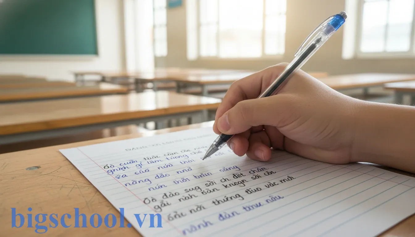 Bị đánh dấu bài trừ bao nhiêu điểm? Quy chế 2025 & Cách phúc khảo 1 Hình ảnh cận cảnh bài thi tự luận tại Việt Nam viết bằng hai màu mực khác nhau.