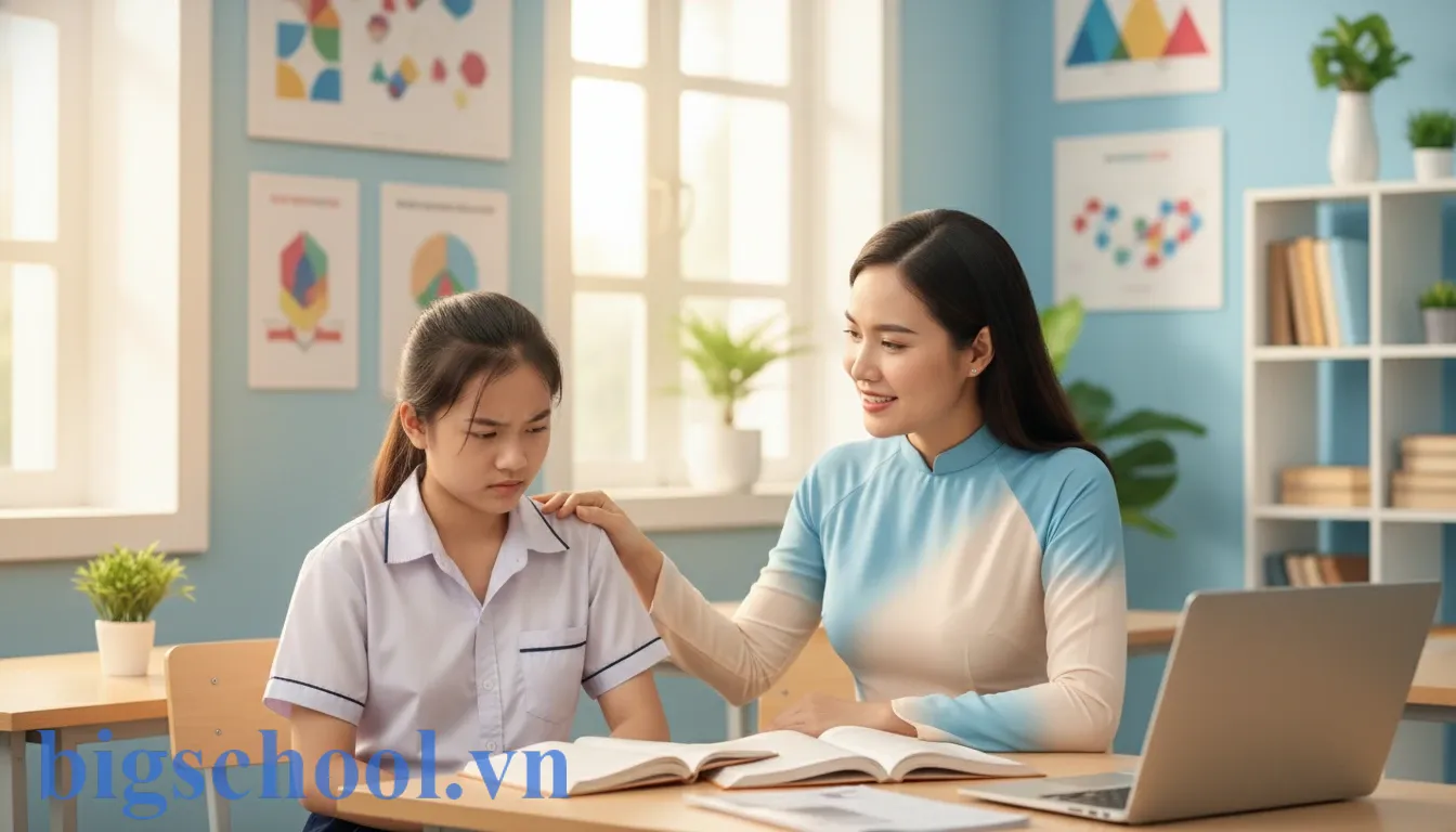 Chấn an hay Trấn an? Quy tắc chính tả và nghệ thuật xoa dịu tâm lý 1 Hình ảnh cô giáo đang nhẹ nhàng trấn an tâm lý học sinh trong môi trường học tập chuyên nghiệp.