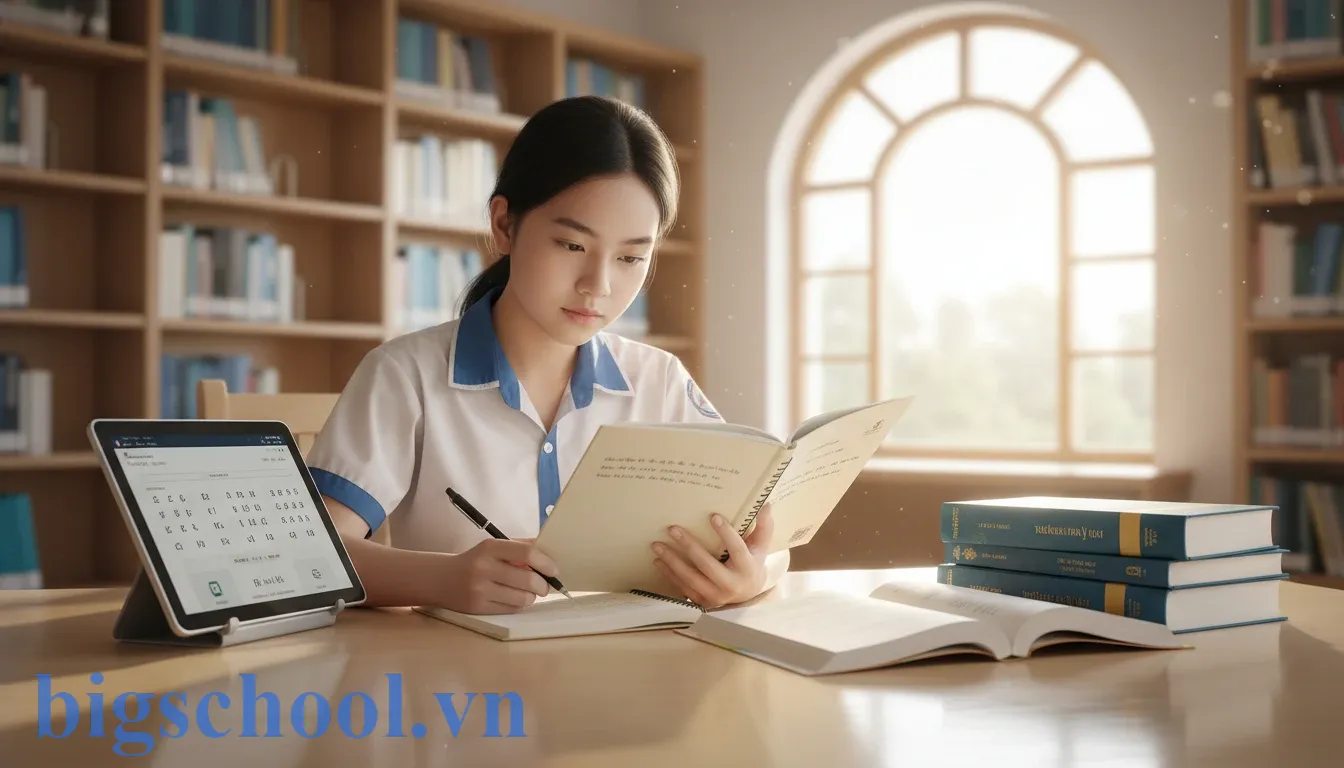 Hình ảnh học sinh chăm chú nghiên cứu quy tắc láy âm đầu Gi trong tiếng Việt tại thư viện.