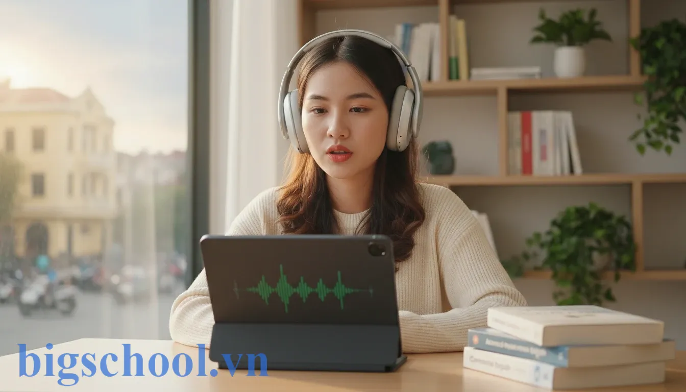 Hình ảnh học viên Việt Nam luyện tập Shadowing giúp hình thành trí nhớ cơ bắp và phản xạ âm thanh.