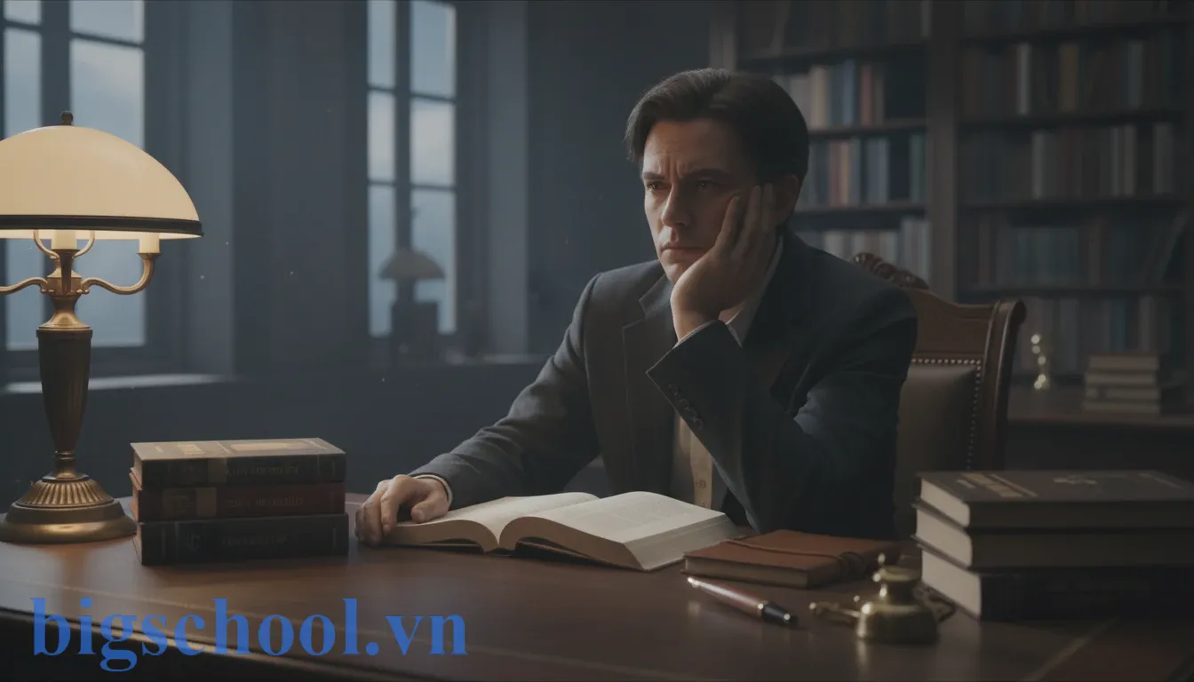 Hình ảnh minh họa cảm xúc day dứt qua tư thế suy tư của một người trong không gian học tập.