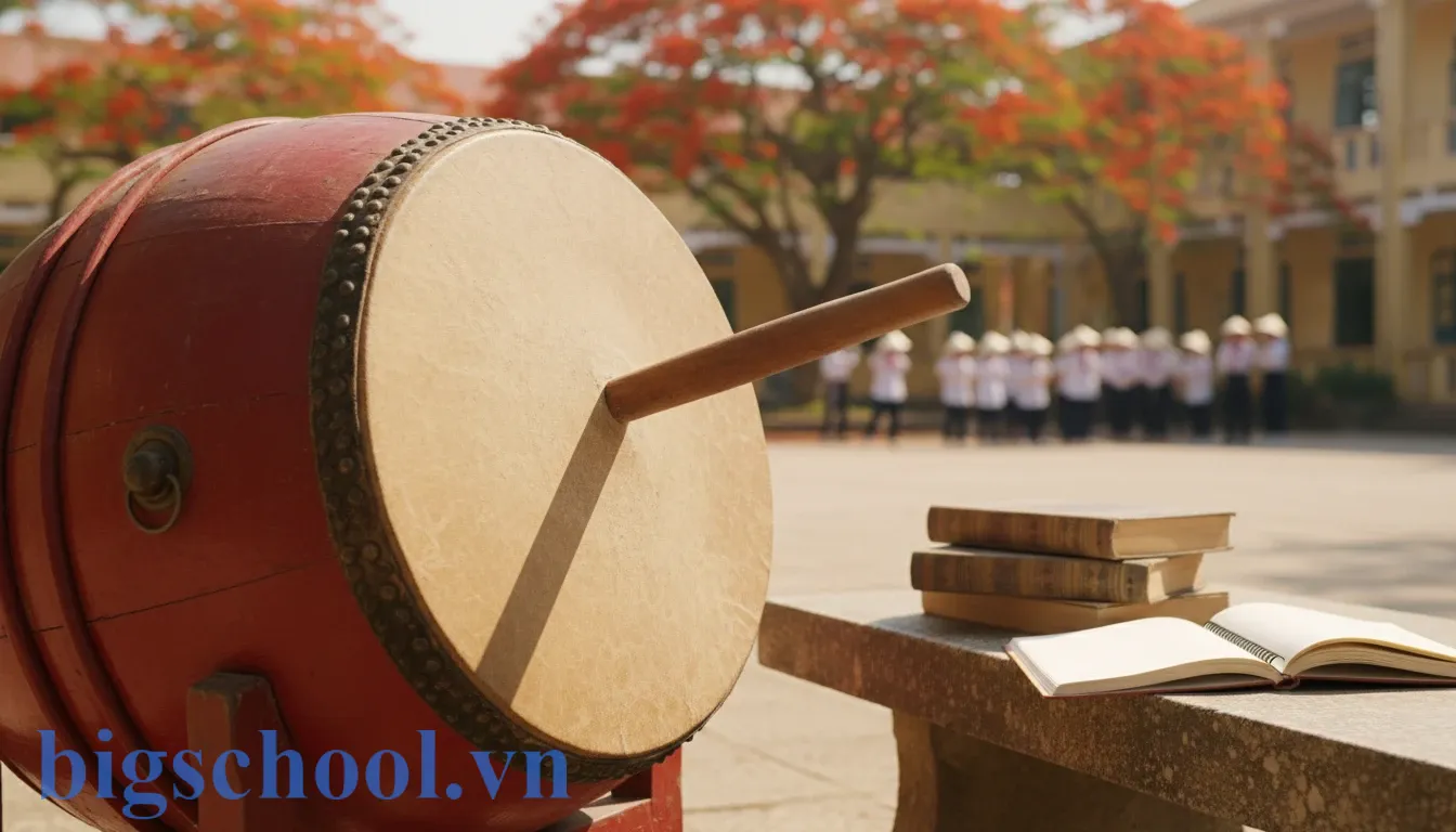 Hình ảnh minh họa tiếng trống trường giục giã học sinh vào lớp đúng giờ.