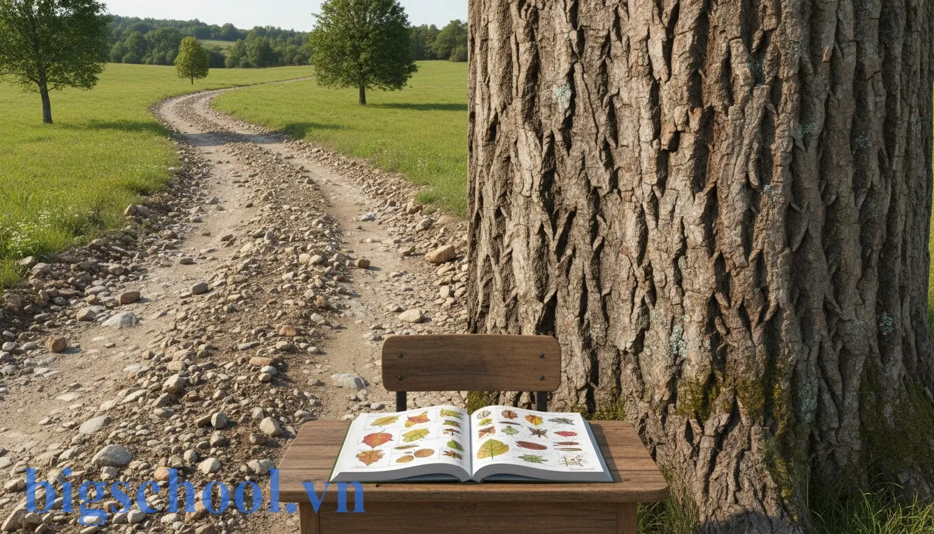 Hình ảnh mô phỏng con đường đất gồ ghề sỏi đá và vỏ cây xù xì trong bài học chính tả.