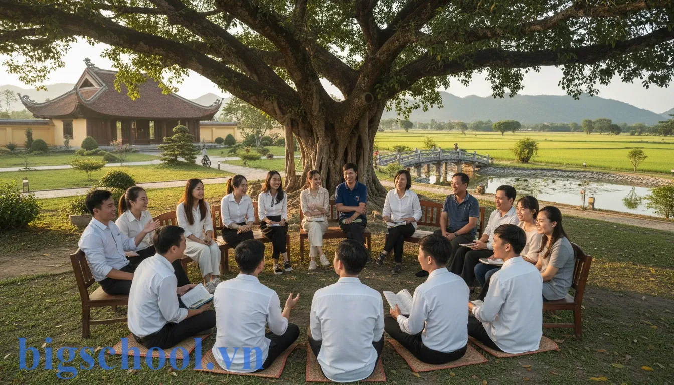 Hình ảnh nhóm người Việt Nam đang trò chuyện rôm rả vui vẻ tại sân vườn.