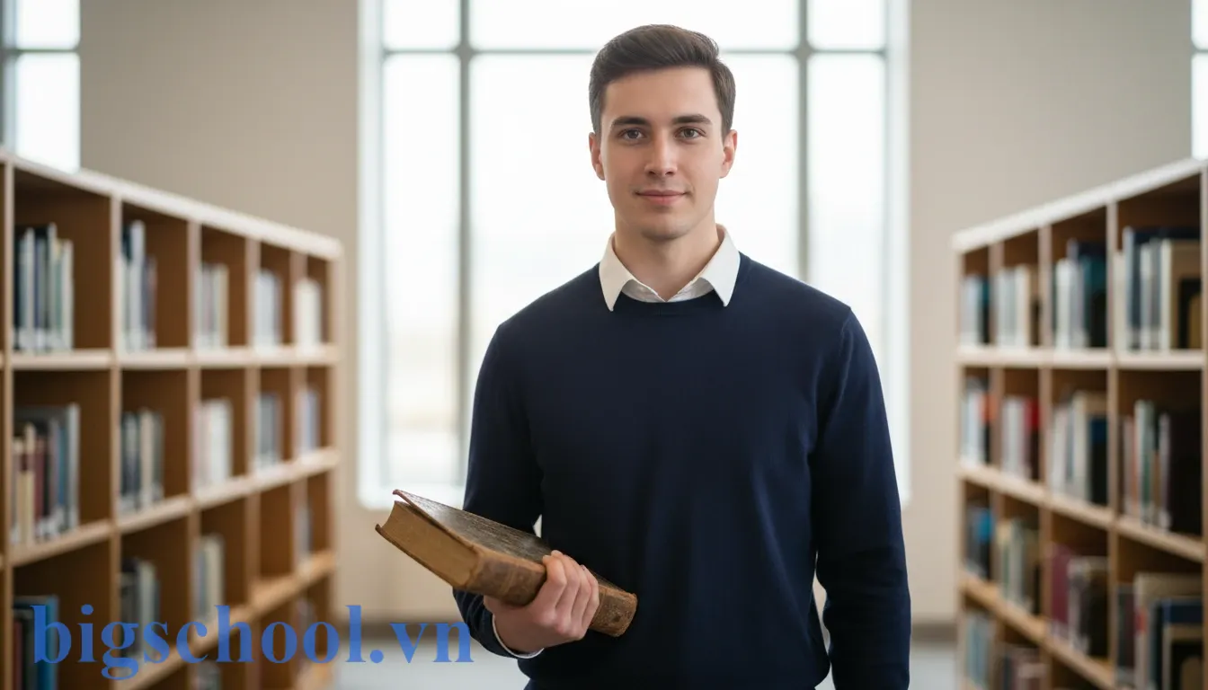 Hình ảnh thanh niên có phong thái chững chạc và chín chắn trong môi trường học thuật hiện đại.
