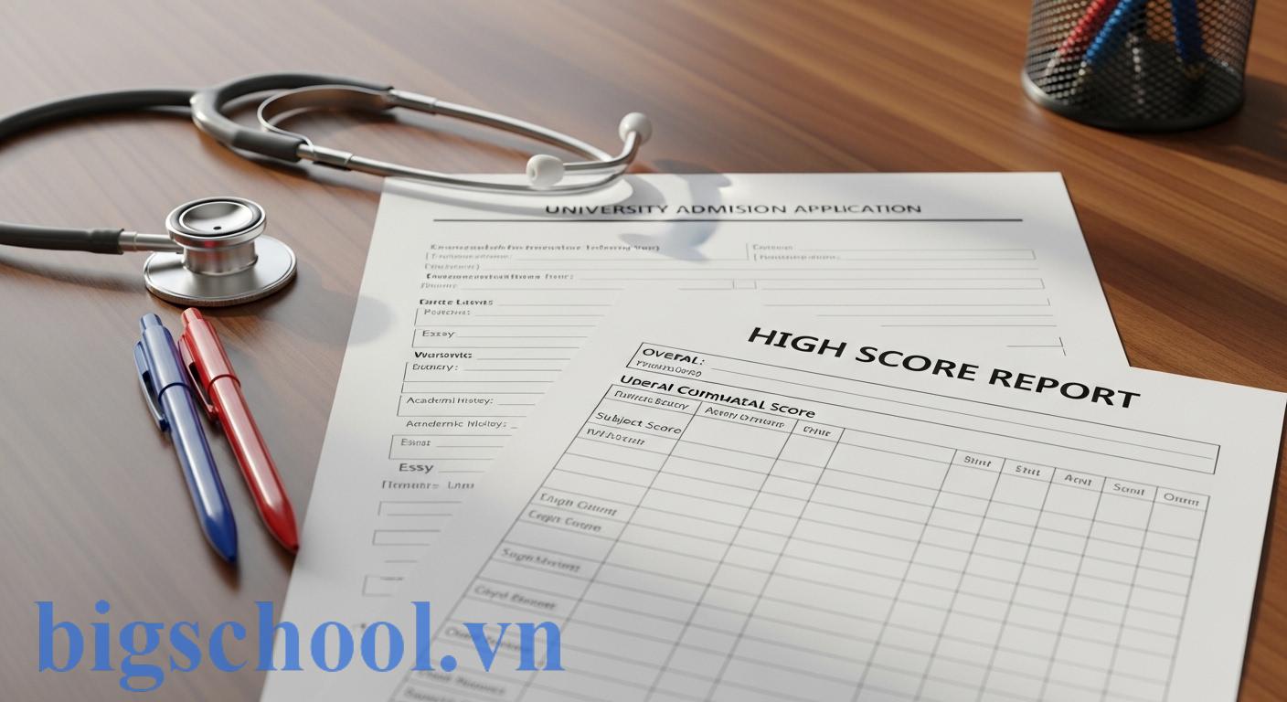 Hồ sơ tuyển sinh đại học y dược và ống nghe trên bàn học gỗ