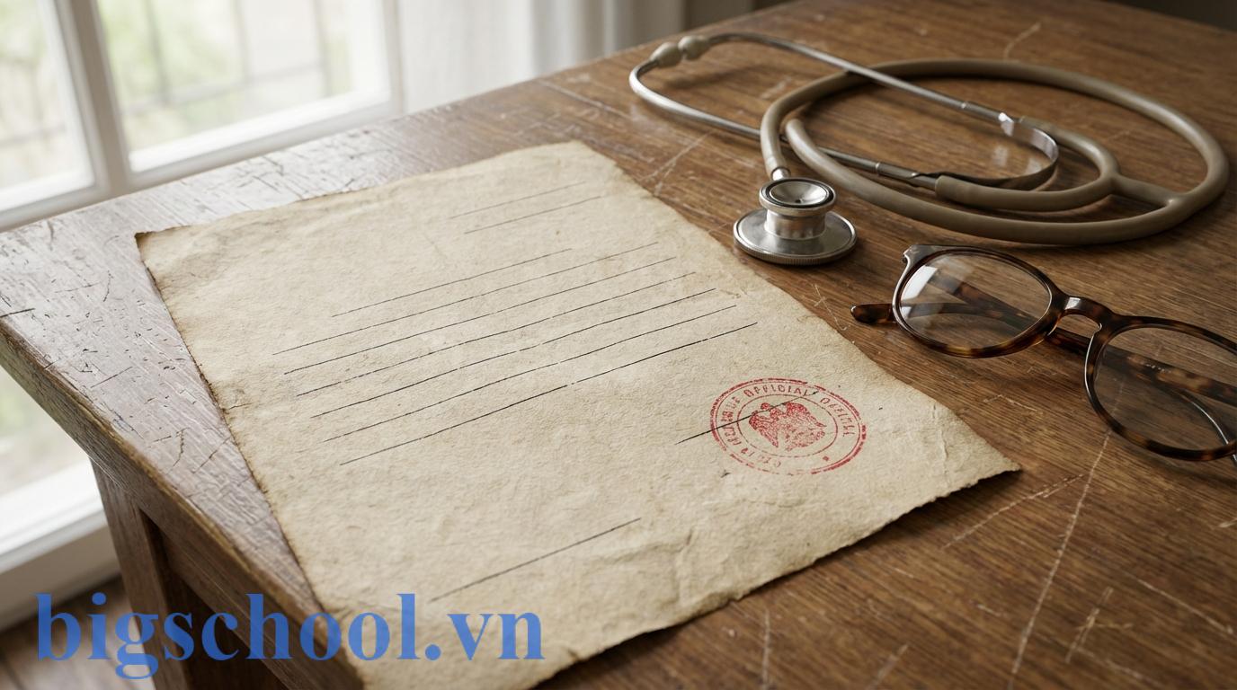 Học bạ của học sinh hệ GDTX cùng ống nghe bác sĩ trên mặt bàn gỗ.