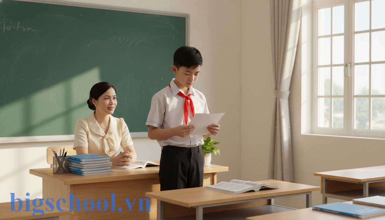 Học sinh cấp 2 lễ phép nộp bản kiểm điểm cho giáo viên trong không gian lớp học Việt Nam.