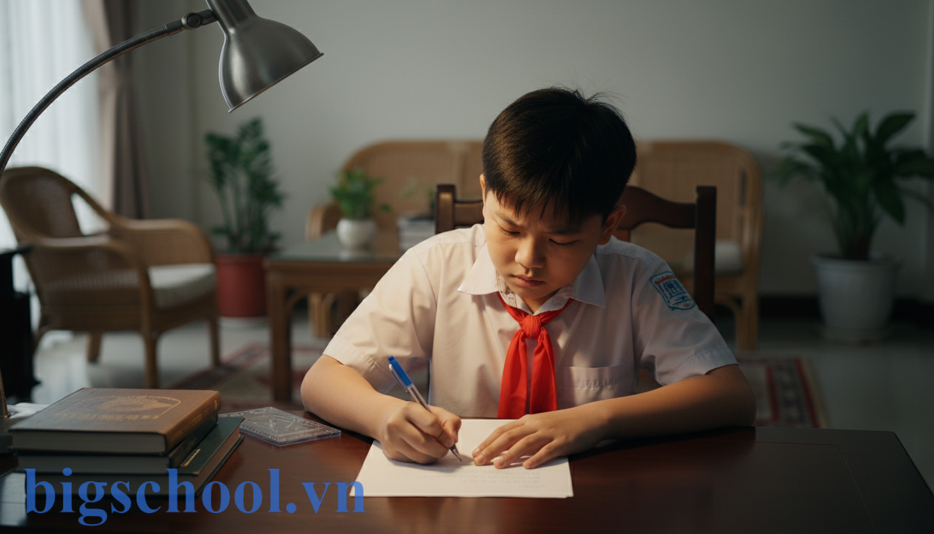 Học sinh cấp 2 mặc đồng phục đang viết bản kiểm điểm trốn học với thái độ hối lỗi.