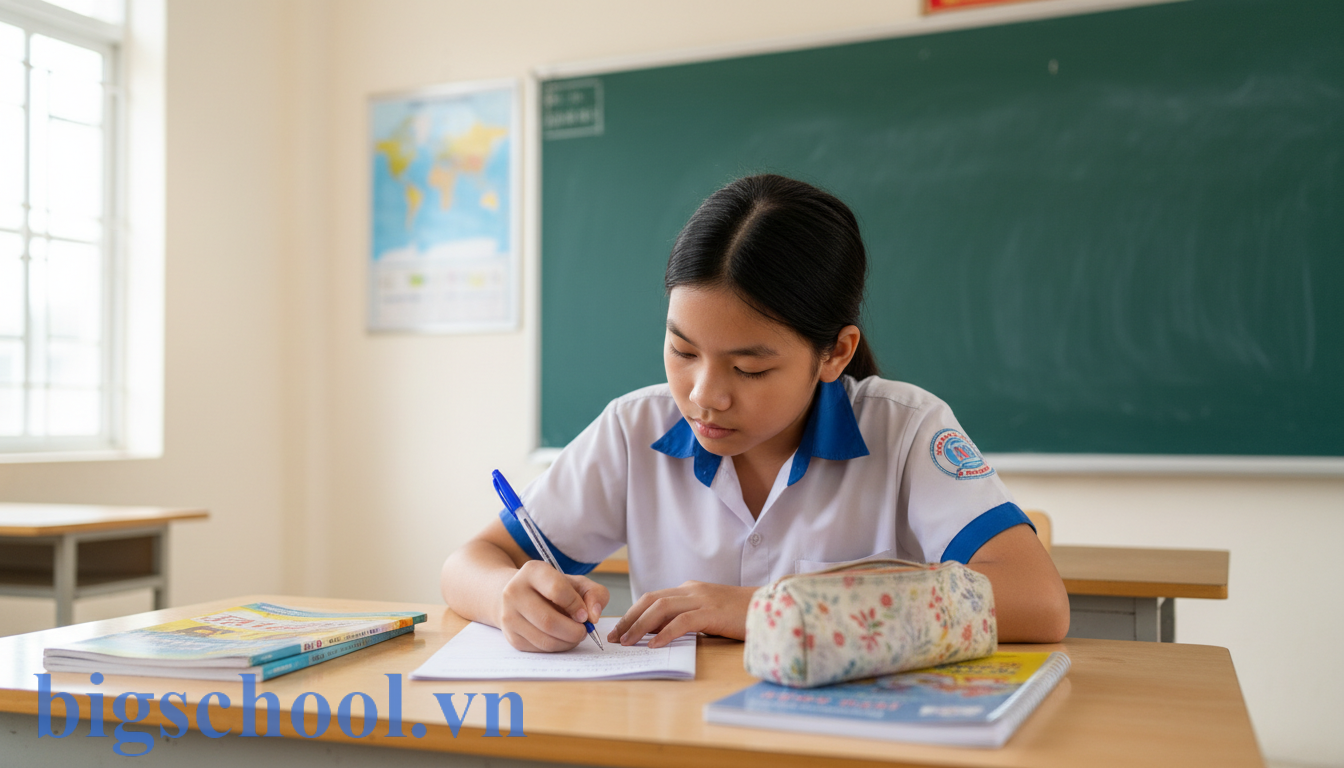 Học sinh cấp 2 tại Việt Nam đang nghiêm túc viết bản kiểm điểm tại bàn học trong lớp.