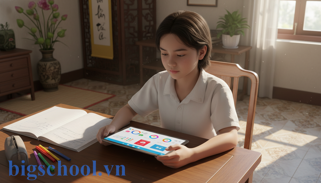 Học sinh cấp 2 tại Việt Nam đang sử dụng thiết bị điện tử để hỗ trợ soạn bài môn văn.