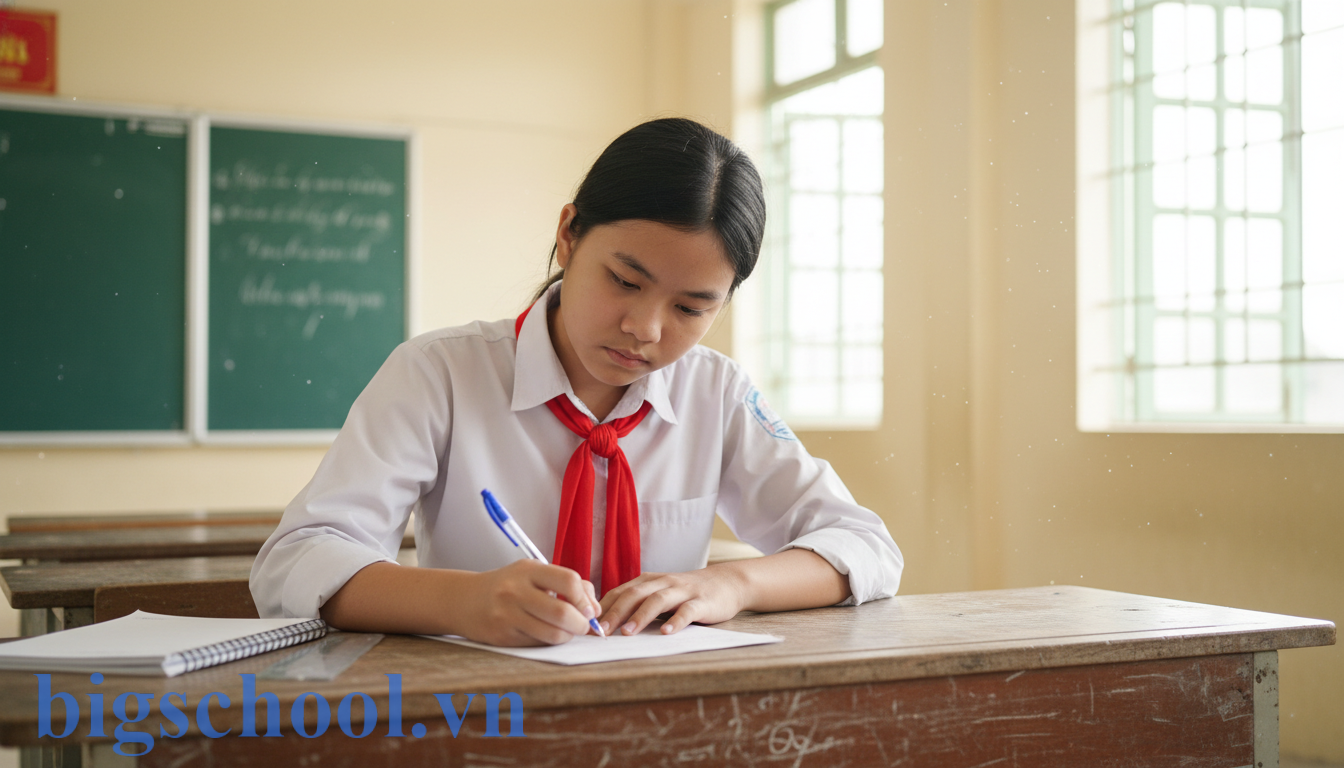 Học sinh cấp 2 tại Việt Nam đeo khăn quàng đỏ đang ngồi viết bản kiểm điểm một cách thành khẩn.