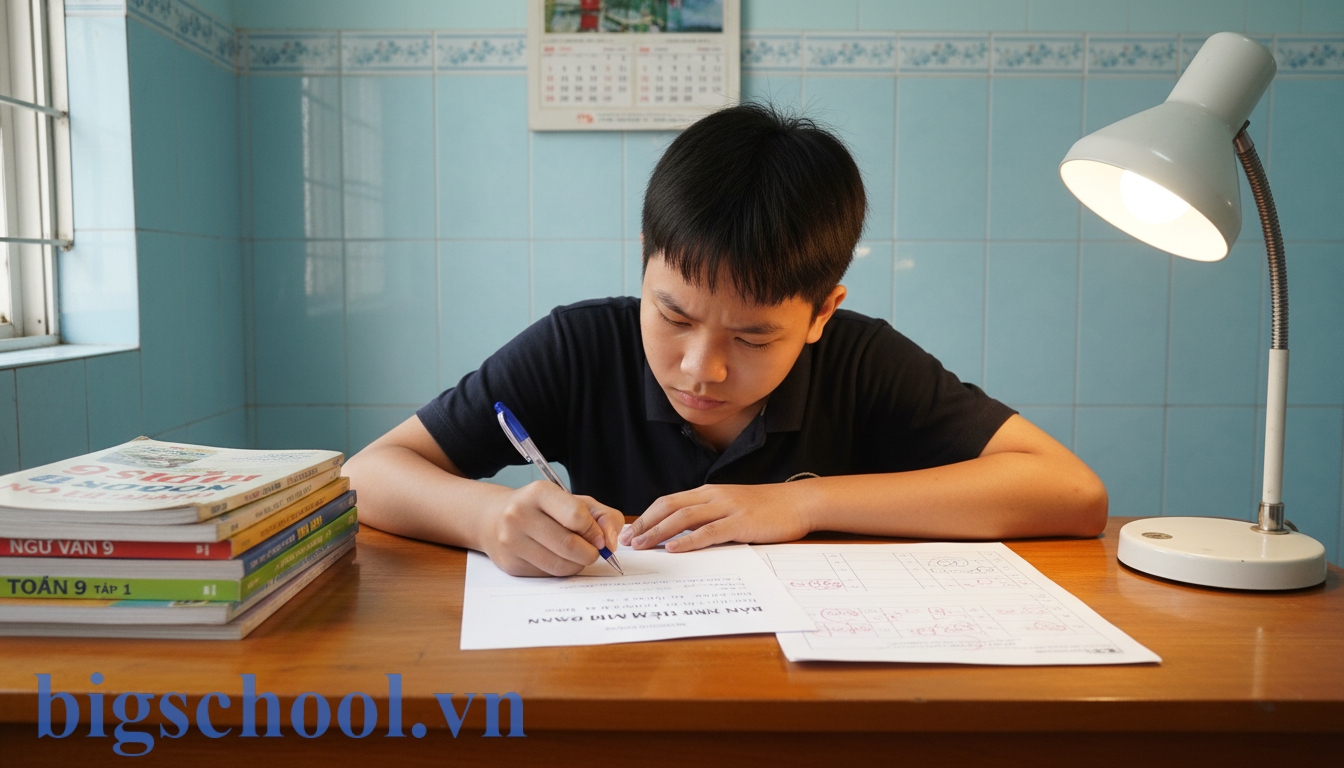 Cách viết bản kiểm điểm cấp 2 điểm kém: Mẫu chuẩn & Lời hứa chân thành (2025) 1 Học sinh cấp 2 Việt Nam đang nghiêm túc viết bản kiểm điểm tại bàn học để nhận lỗi điểm kém.