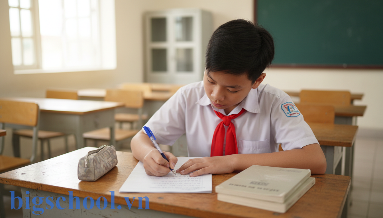 Học sinh cấp 2 Việt Nam đeo khăn quàng đỏ đang nghiêm túc viết tay bản kiểm điểm cá nhân.