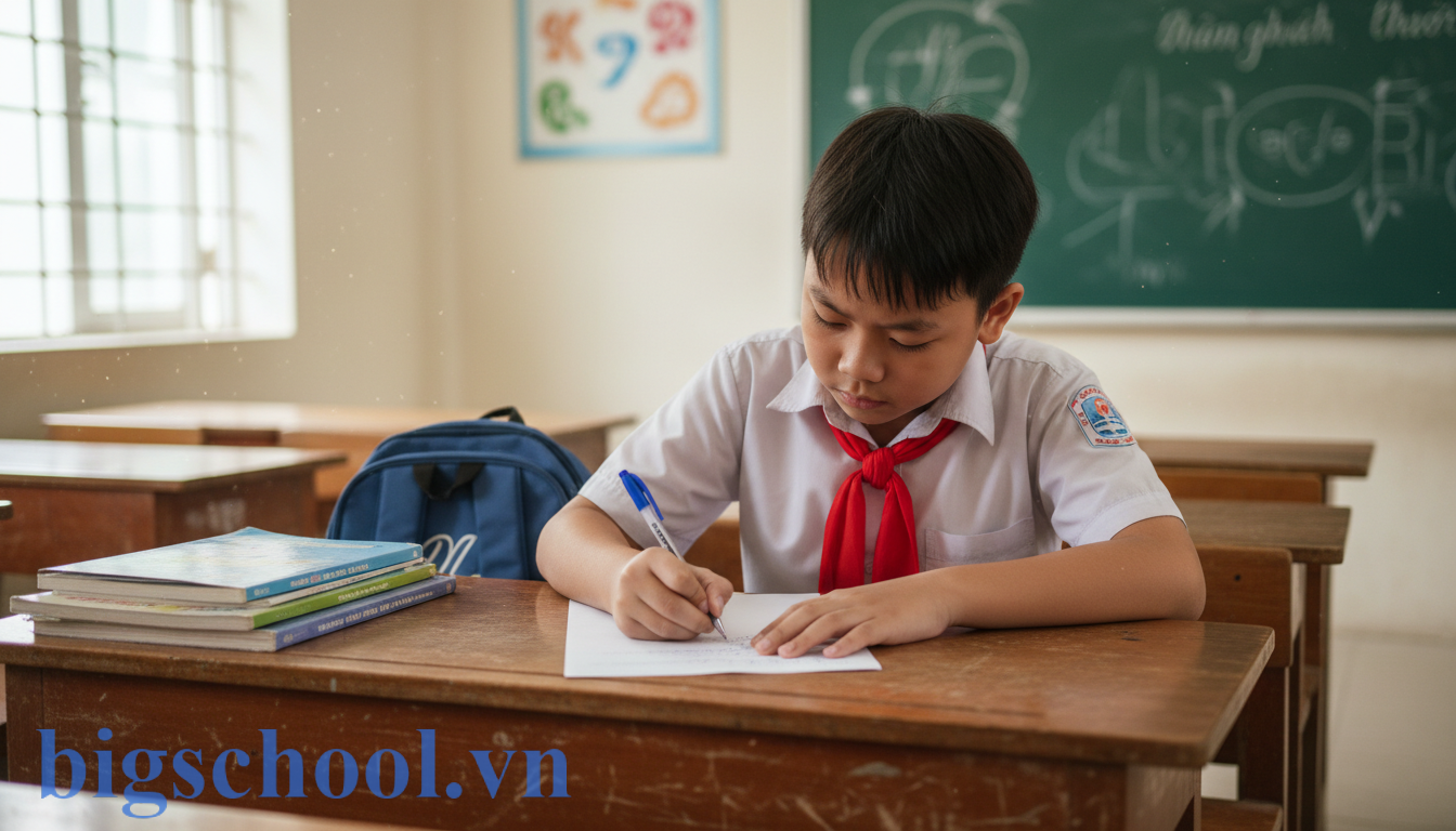 Cách viết bản kiểm điểm cấp 2 không học bài: 3 Mẫu chuẩn & Thuyết phục nhất 2025 1 Học sinh cấp 2 Việt Nam đeo khăn quàng đỏ đang ngồi nắn nót viết bản kiểm điểm tại bàn học.