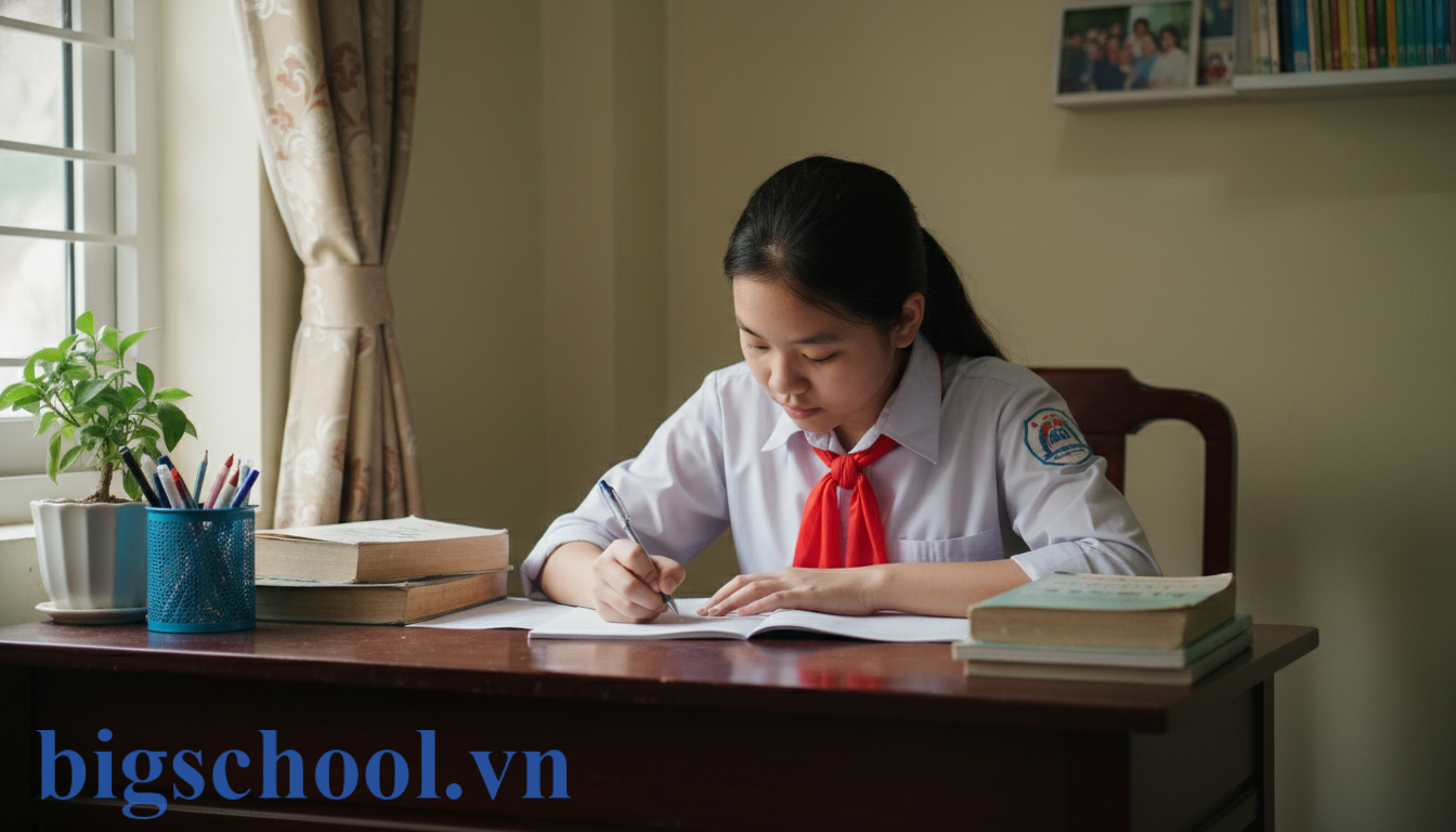 Học sinh cấp 2 Việt Nam đeo khăn quàng đỏ đang tập trung viết bản kiểm điểm tại bàn học.