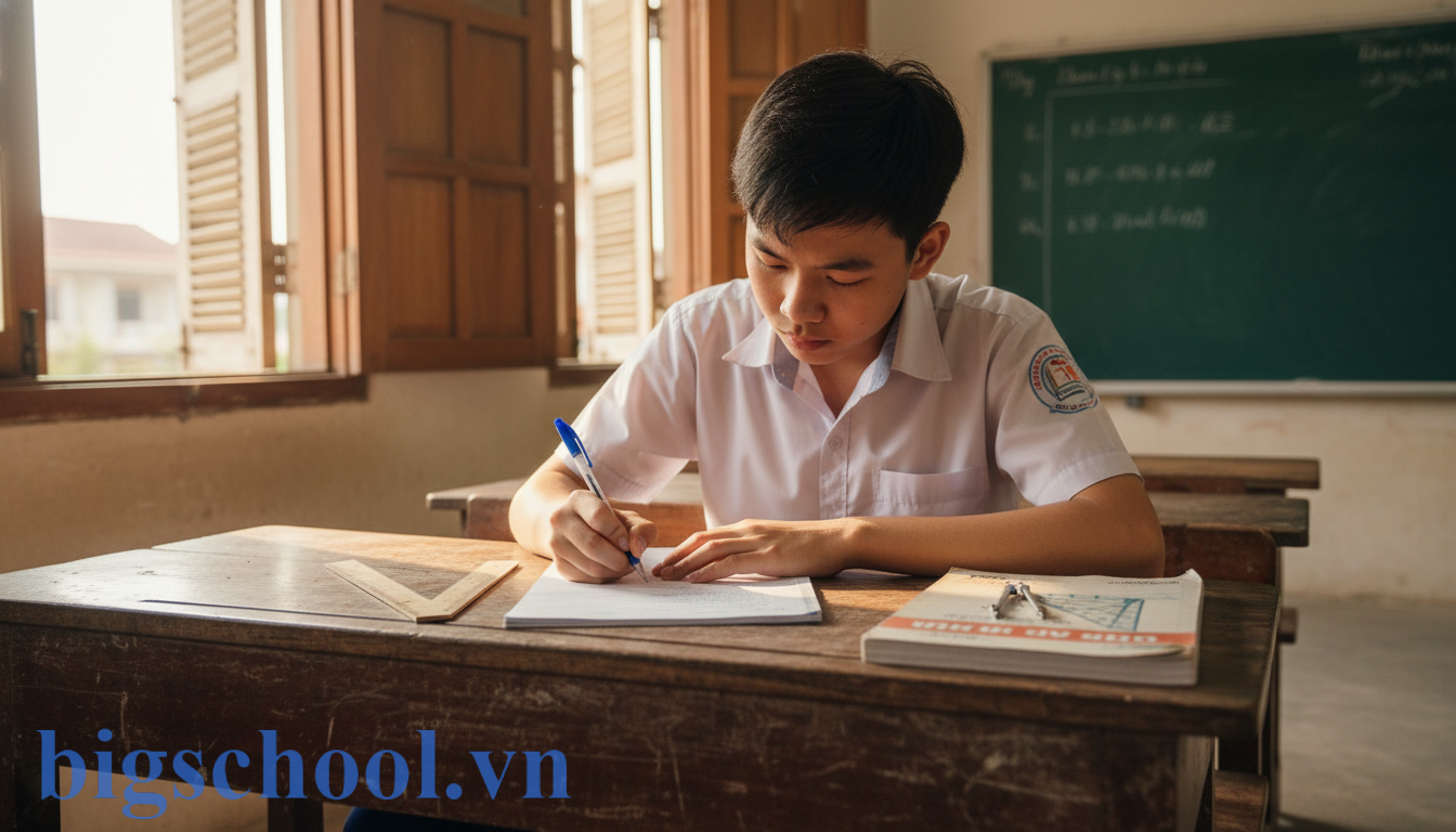 Học sinh cấp 2 Việt Nam ngồi viết bản kiểm điểm môn Toán nghiêm túc tại bàn học lớp học.