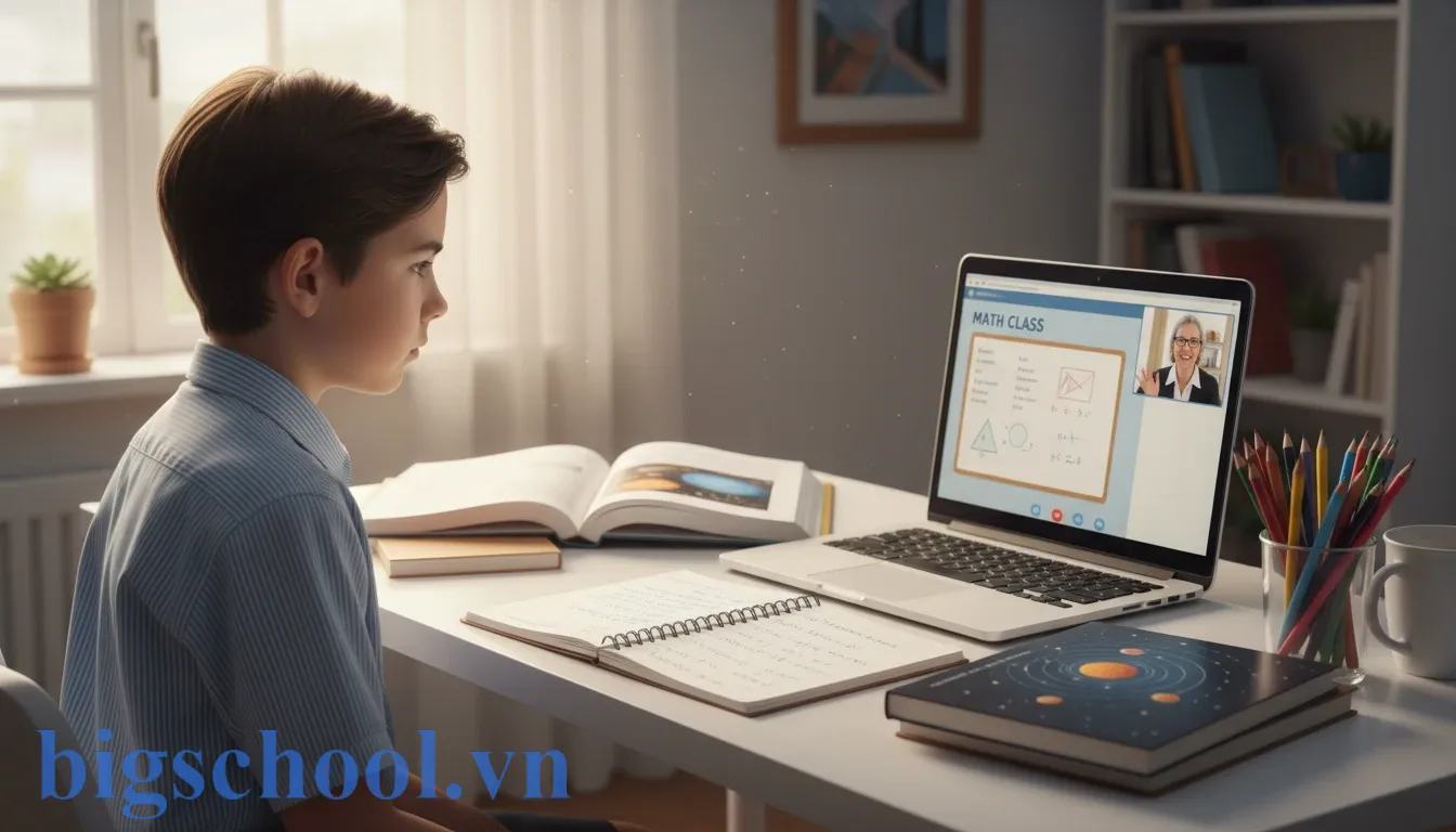 Học sinh chuẩn bị sách vở và mặc đồng phục nghiêm túc khi tham gia lớp học trực tuyến tại nhà.