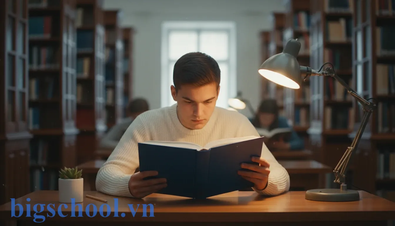 Học sinh đang tập trung cao độ vào trang sách trong không gian học tập yên tĩnh và khoa học.