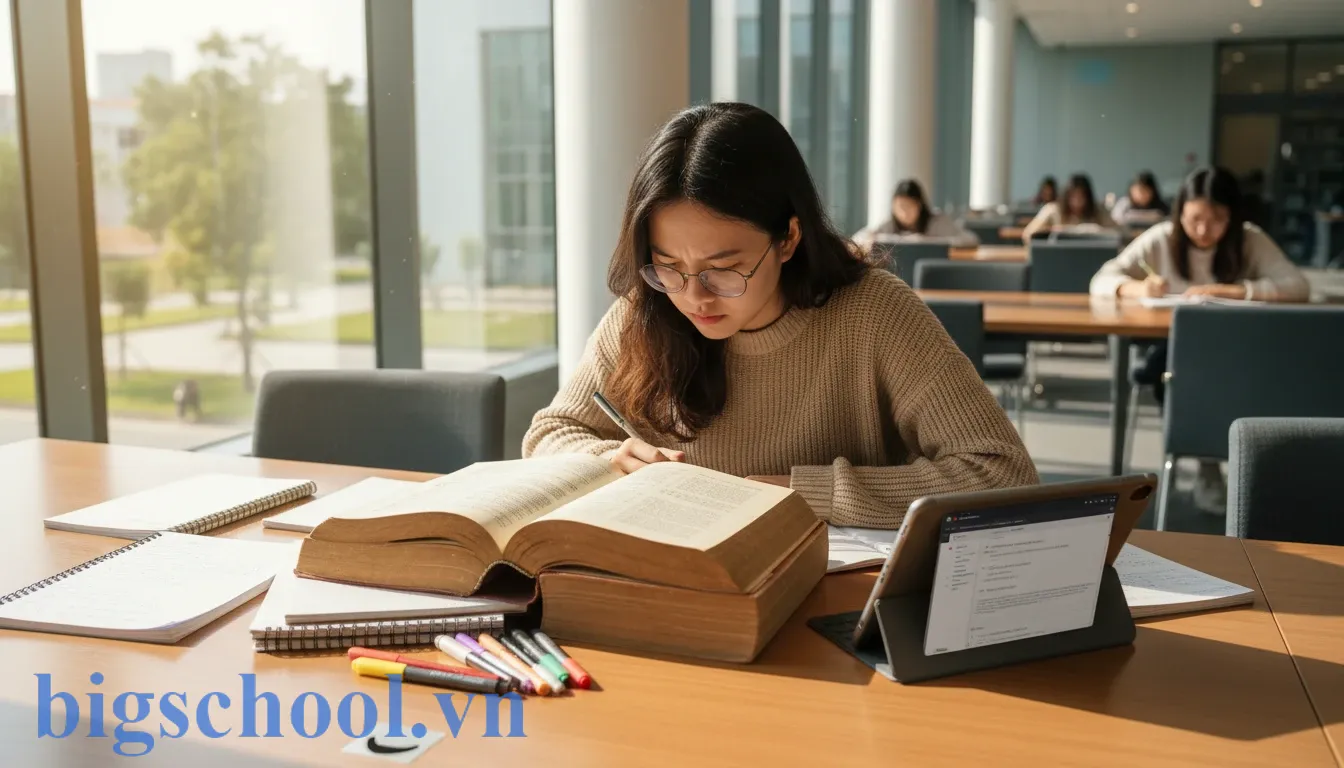 Học sinh đang tra cứu từ điển tiếng Việt chuẩn mực để xác định cách viết tham quan đúng quy tắc.