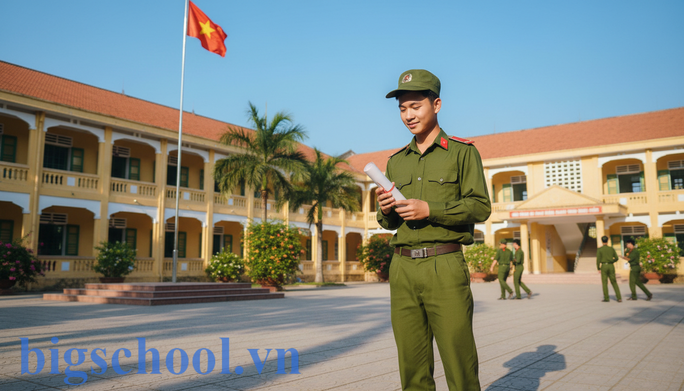 Học sinh hệ GDTX trong trang phục giáo dục quốc phòng chuẩn bị hồ sơ dự thi công an.