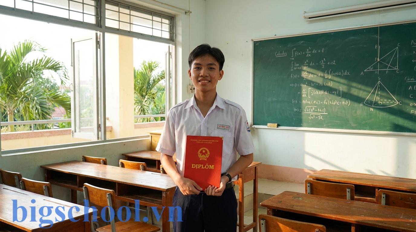 Học sinh hệ Giáo dục Thường xuyên tại Việt Nam cầm tấm bằng tốt nghiệp trung học phổ thông.