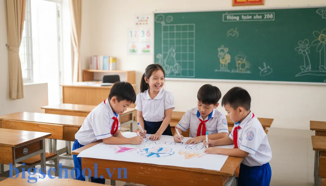 Học sinh hòa nhập đeo máy trợ thính đang vui vẻ học tập cùng các bạn trong lớp học Việt Nam.