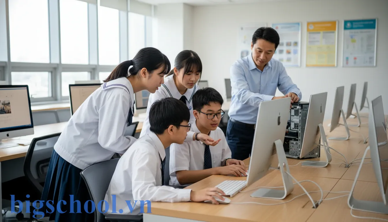 Học sinh kiểm tra tình trạng phần cứng máy tính trước giờ thực hành tại phòng tin học.