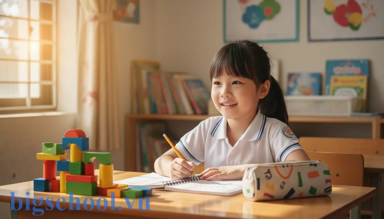 Quy tắc chính tả lớp 1: 5 Mẹo nhớ bằng thơ lục bát giúp bé học nhanh nhớ lâu (2025) 1 Học sinh lớp 1 học quy tắc chính tả k, gh, ngh bằng các khối chữ cái gỗ.