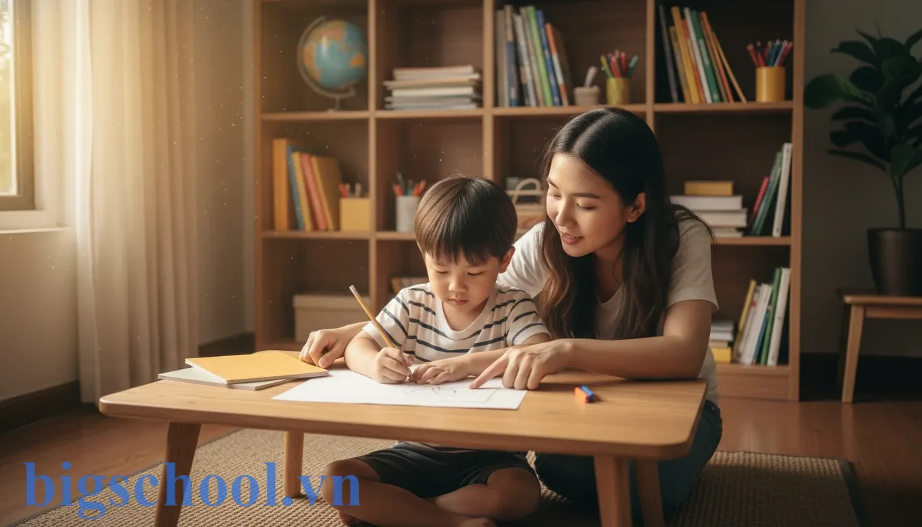 Cách viết bản kiểm điểm cấp 1 đi học muộn: 3 Mẫu chuẩn nhất cho bé (2025) 1 Học sinh lớp 1 người Việt Nam đang tập trung viết bản kiểm điểm tại nhà dưới sự hỗ trợ của phụ huynh.