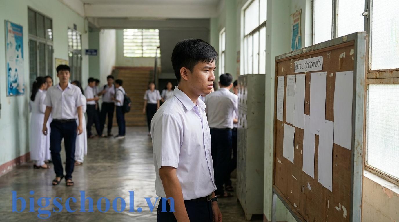 Học sinh lớp 12 tại Hà Nội đang lo lắng xem kết quả thi thử điểm thấp trên bảng tin nhà trường.