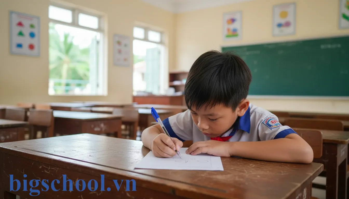 Học sinh lớp 5 Việt Nam đang ngồi tại bàn học trong lớp viết bản kiểm điểm với thái độ tự giác.