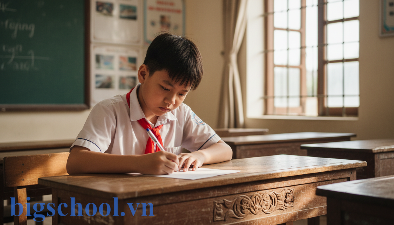 5+ Mẫu & Cách viết bản kiểm điểm cấp 2 lớp 6: Chuẩn, Thuyết phục nhất 2025 1 Học sinh lớp 6 thắt khăn quàng đỏ đang tập trung viết bản kiểm điểm tại bàn học.