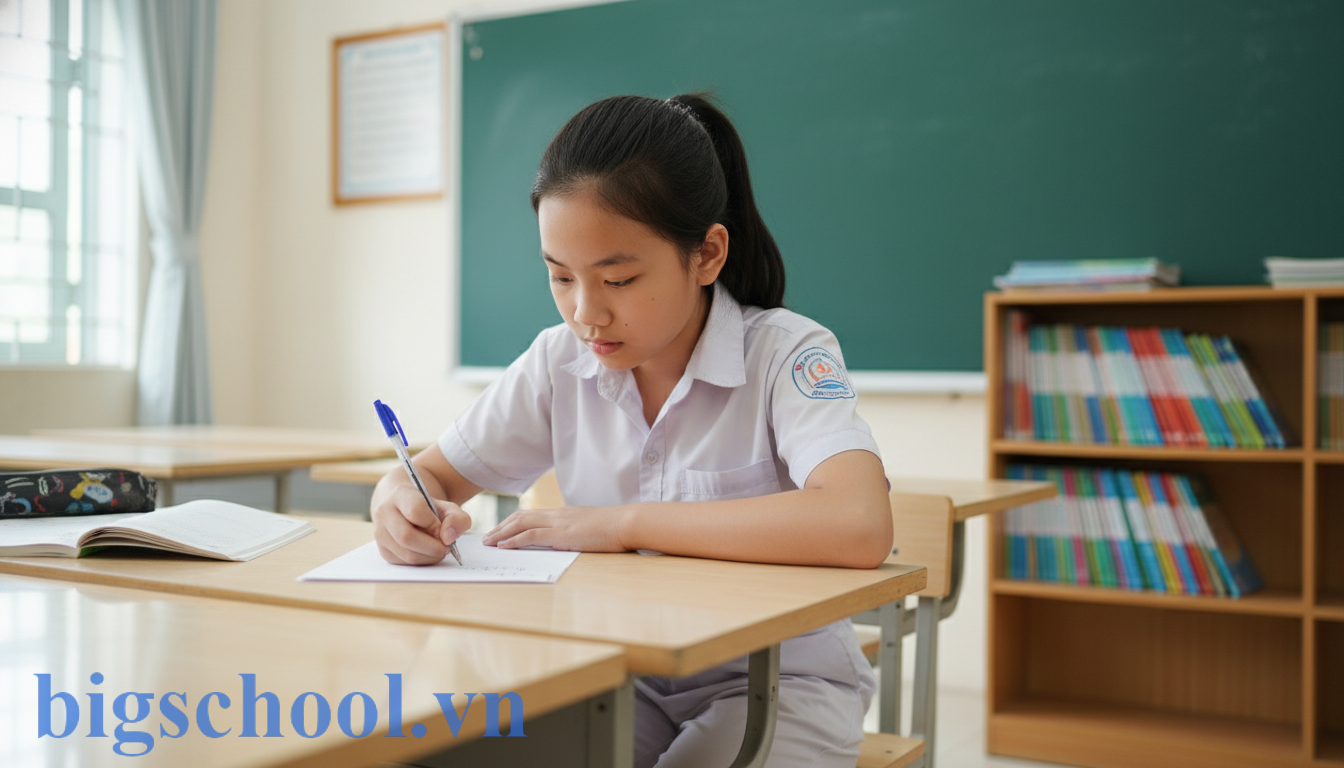 Học sinh lớp 7 tại Việt Nam viết bản kiểm điểm ngay ngắn trên bàn gỗ trong lớp học.