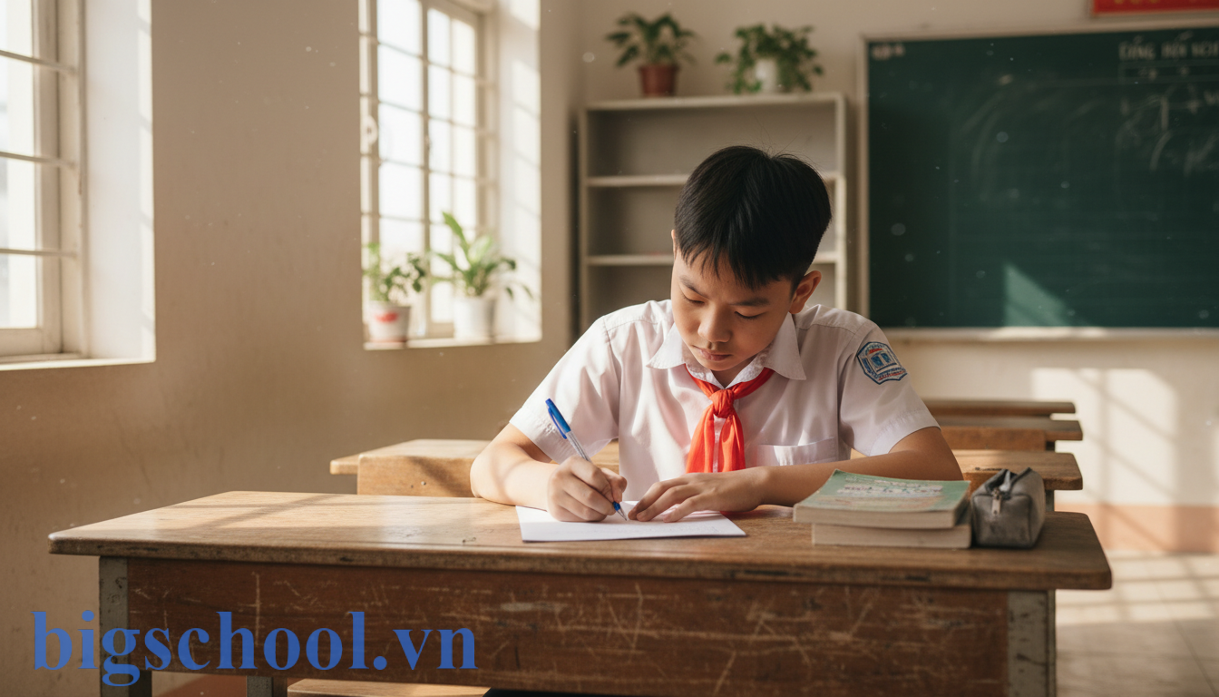 Học sinh lớp 8 thắt khăn quàng đỏ thành khẩn viết bản kiểm điểm tại lớp.