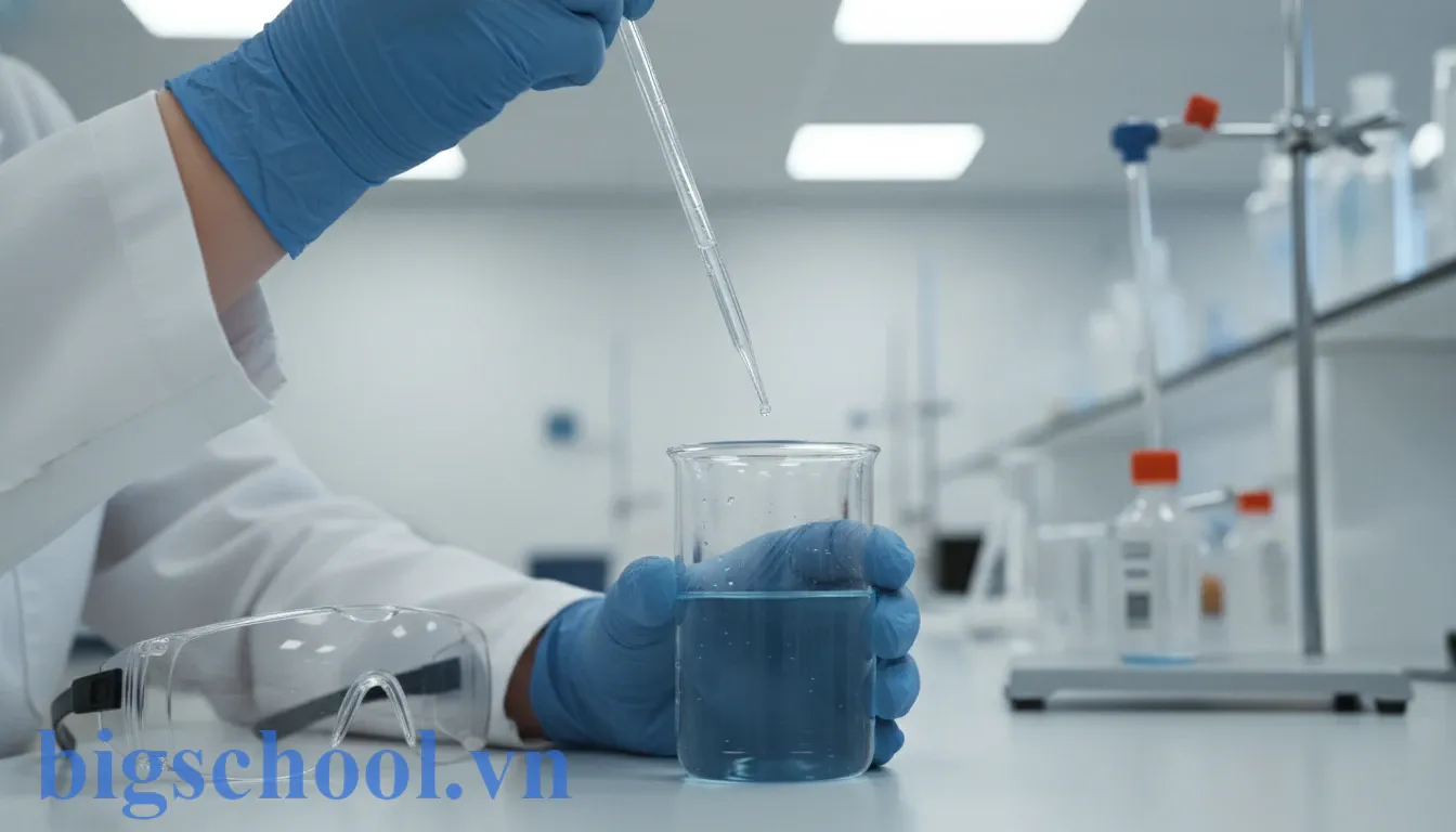 Học sinh mặc áo blouse và đeo kính bảo hộ thực hiện thí nghiệm hóa học an toàn.