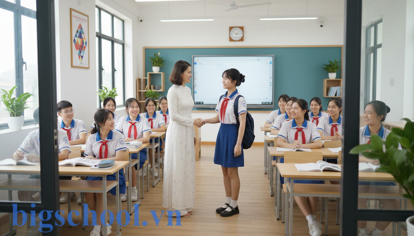 Học sinh mới hòa nhập vào lớp học tại trường THPT dân lập sau khi chuyển trường.