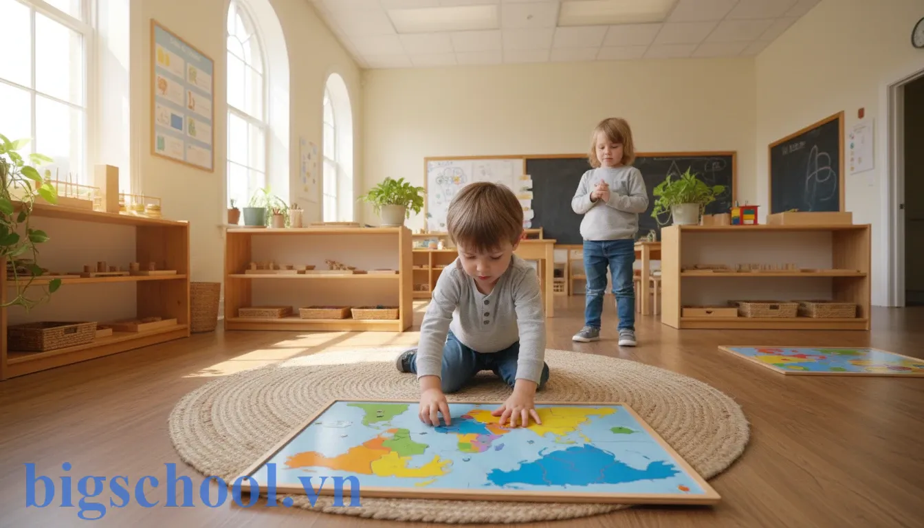 Nội quy lớp học Montessori giúp trẻ hình thành kỷ luật tự giác 2 Học sinh Montessori tập trung làm việc trên thảm trong khi bạn học quan sát từ xa tôn trọng.