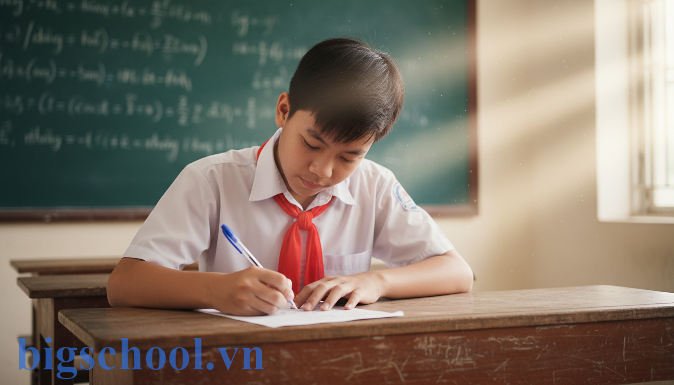 Học sinh nam cấp 2 đeo khăn quàng đỏ đang ngồi nắn nót viết bản kiểm điểm tại lớp học.