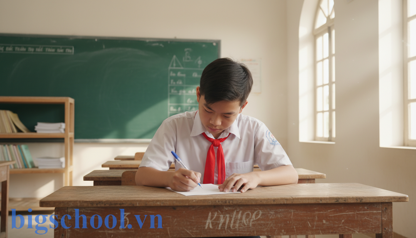 Cách viết bản kiểm điểm cấp 2 nói chuyện: 3 Mẫu chuẩn xin tha lỗi (2025) 1 Học sinh nam cấp 2 mặc đồng phục đang tập trung viết bản kiểm điểm tại lớp học Việt Nam.