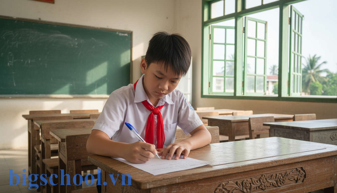 Cách viết bản kiểm điểm cấp 2 lớp 7: Mẫu chuẩn & Lời hứa thuyết phục nhất 1 Học sinh nam lớp 7 đeo khăn quàng đỏ đang viết bản kiểm điểm một cách thành khẩn.