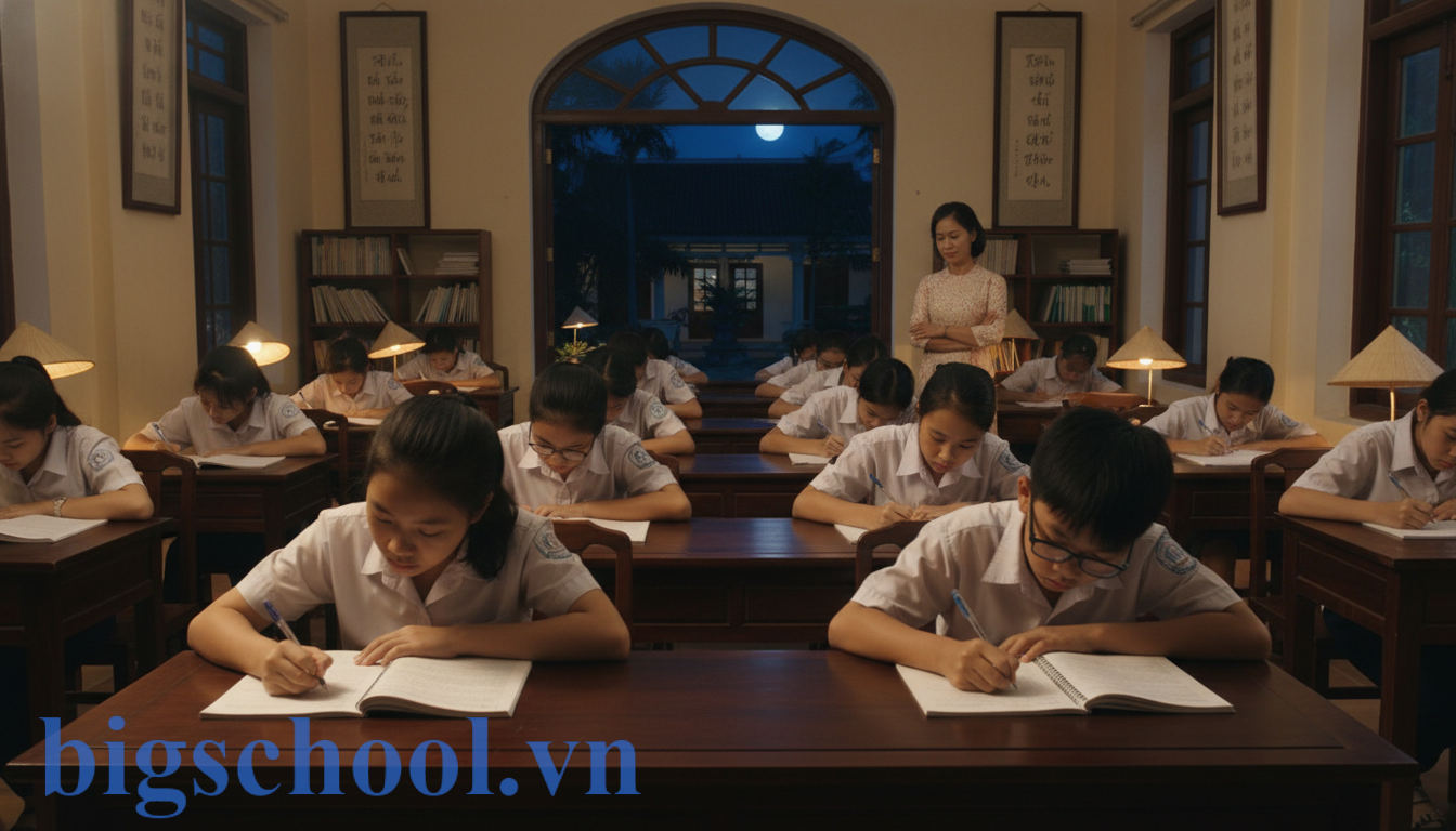 Học sinh nội trú tập trung tự học trong giờ truy bài buổi tối tại trường.