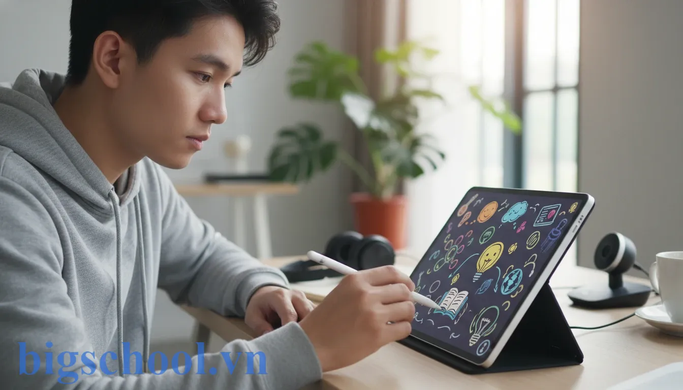 Học sinh sử dụng máy tính bảng để thực hành phương pháp Doodling trên nền tảng giáo dục trực tuyến.
