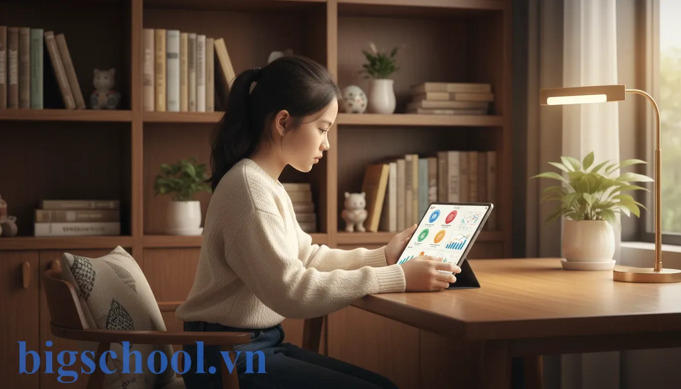 Học sinh sử dụng máy tính bảng để truy cập nền tảng học trực tuyến kiểm tra kiến thức.