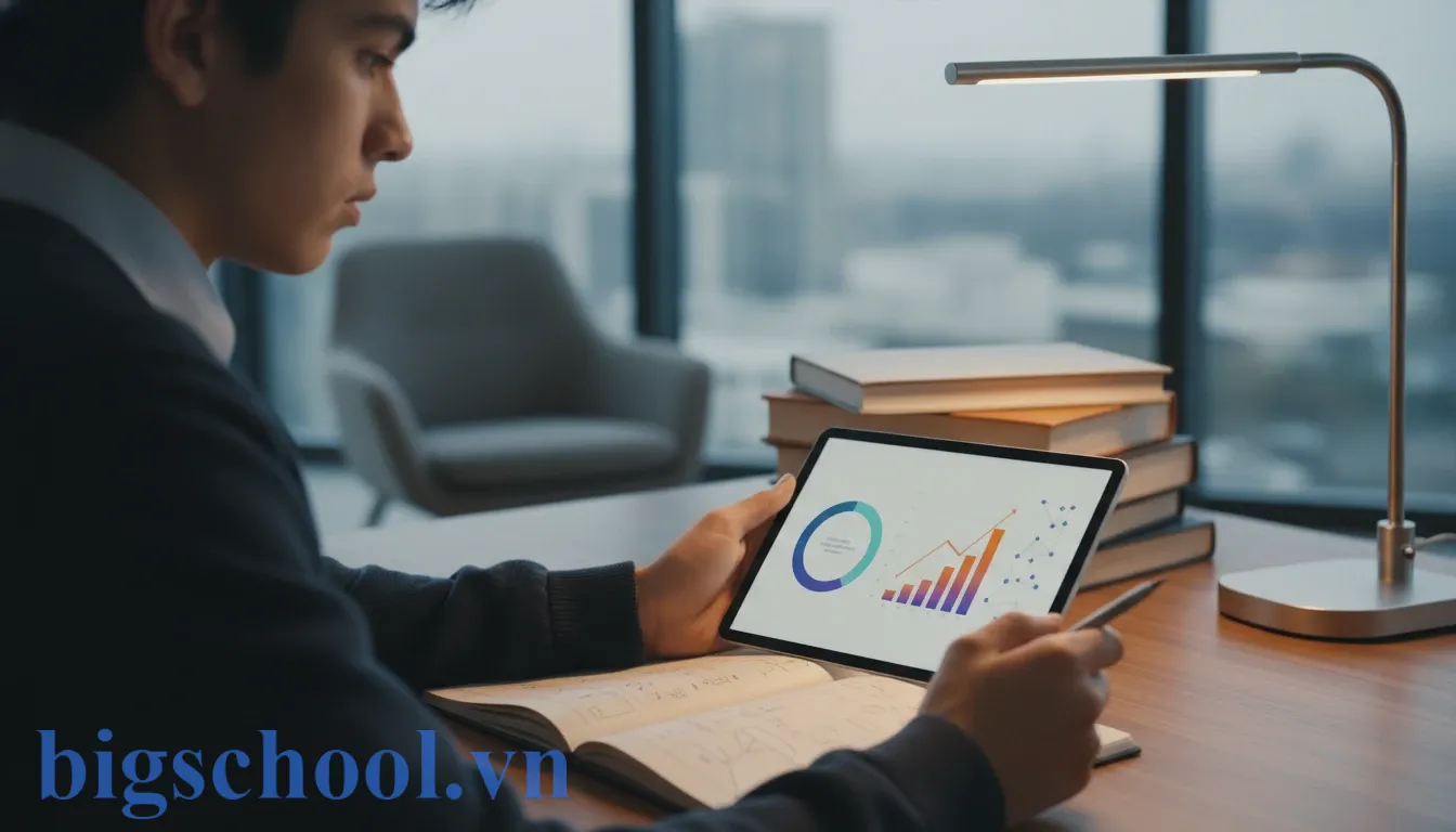 Học sinh sử dụng máy tính bảng rà soát lỗ hổng kiến thức qua biểu đồ phân tích năng lực.